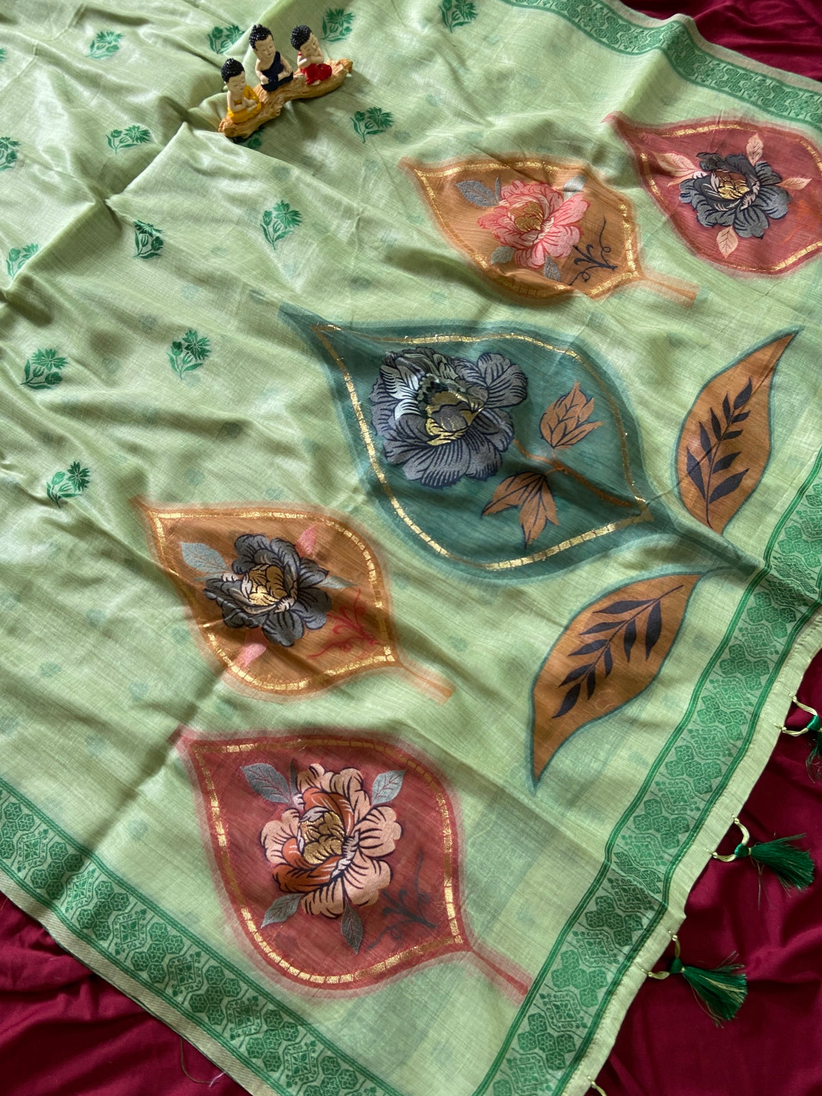 Mint Green Muga Cotton Leaf Pallu Saree, view 2