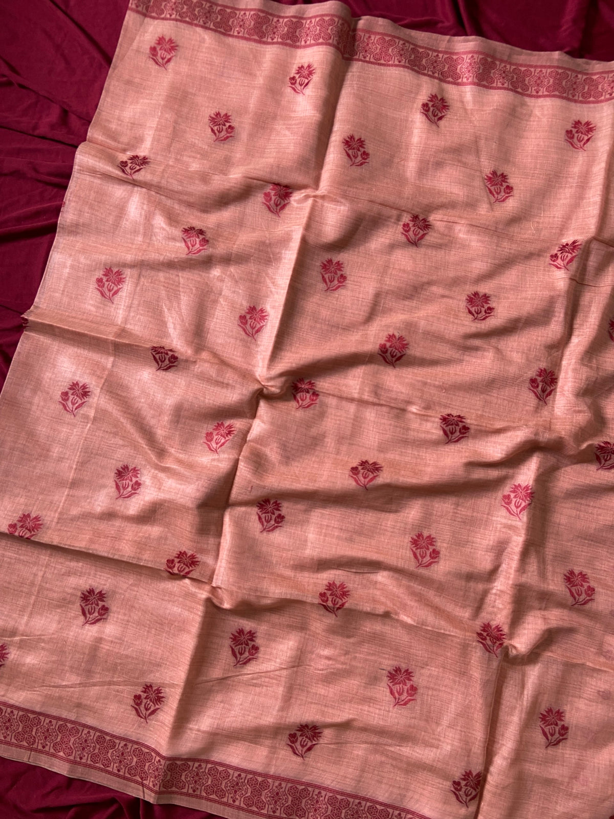 Peach Muga Cotton Leaf Pallu Saree, view 3