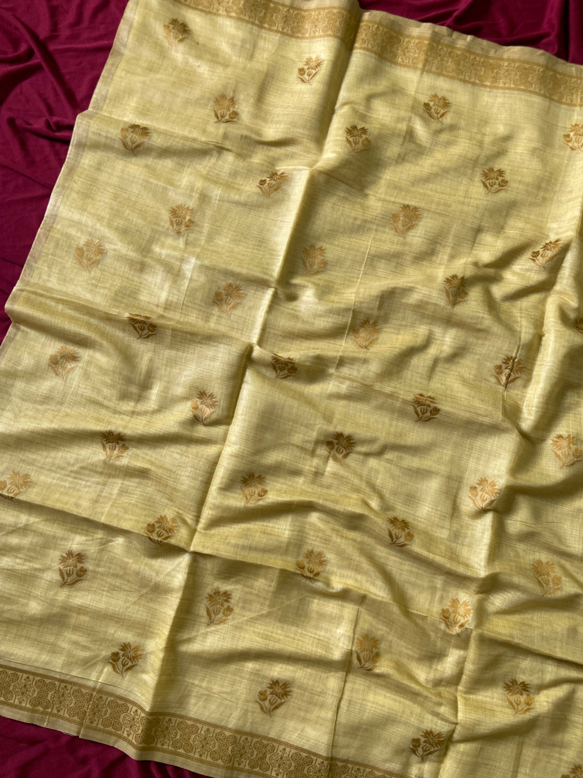 Lemon Yellow Muga Cotton Leaf Pallu Saree, view 3