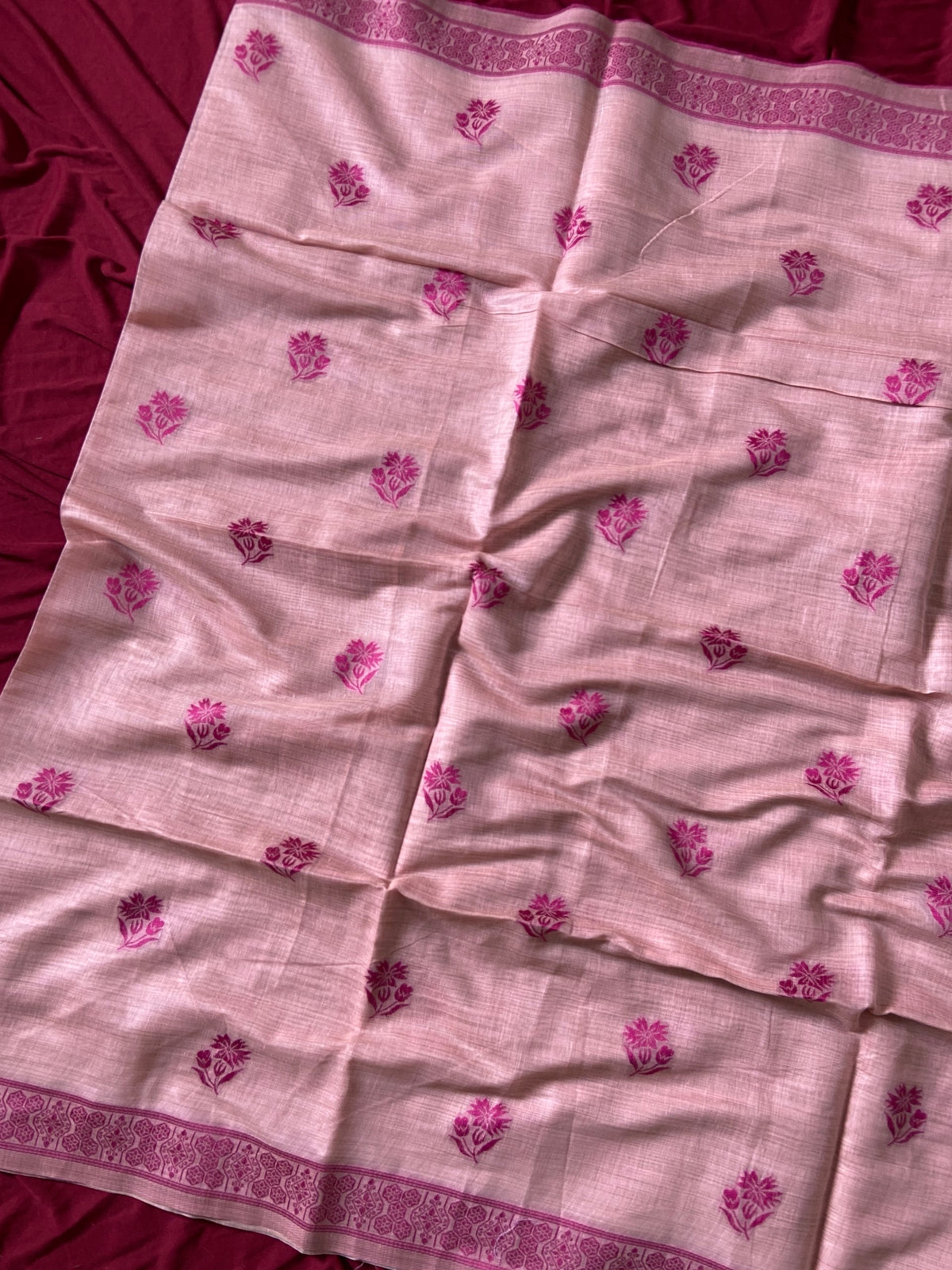 Baby Pink Muga Cotton Leaf Pallu Saree, view 3