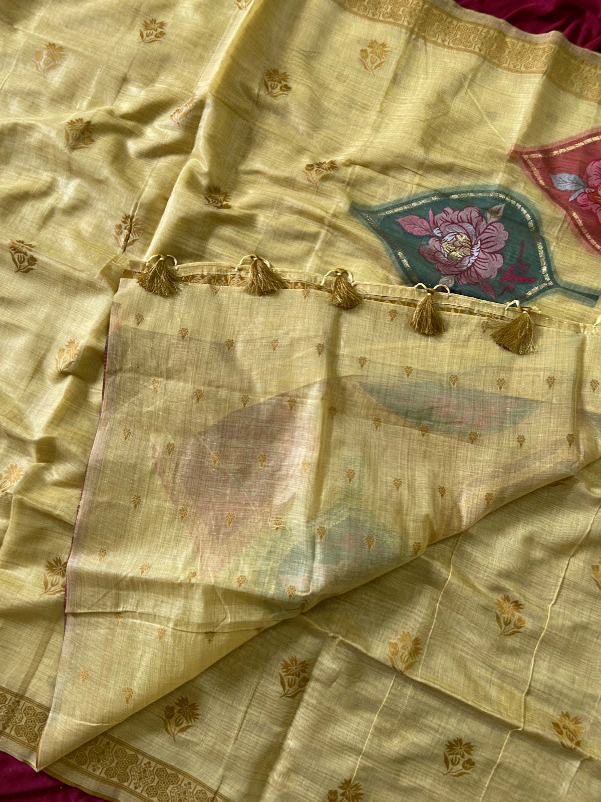Lemon Yellow Muga Cotton Leaf Pallu Saree, view 4