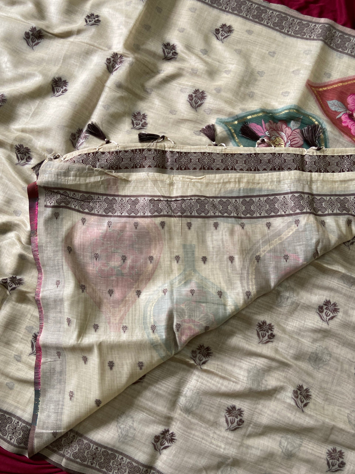 Off-White Muga Cotton Leaf Pallu Saree, view 4