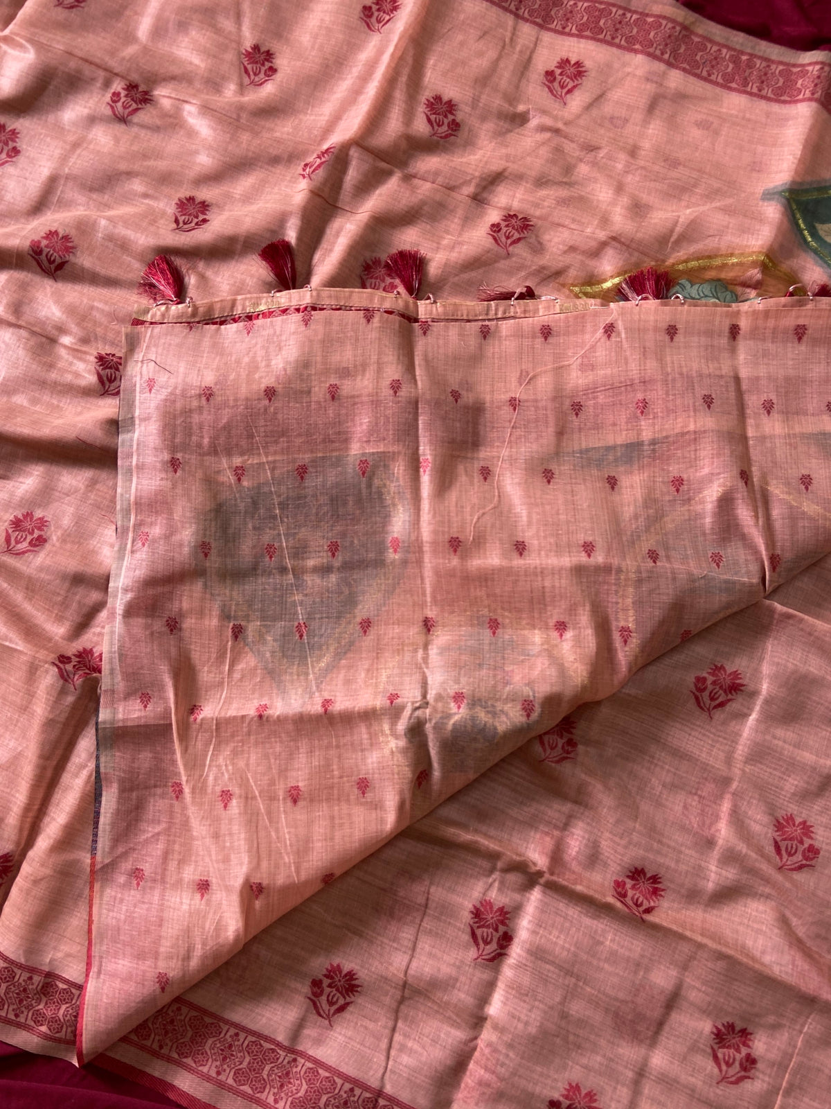 Peach Muga Cotton Leaf Pallu Saree, view 4