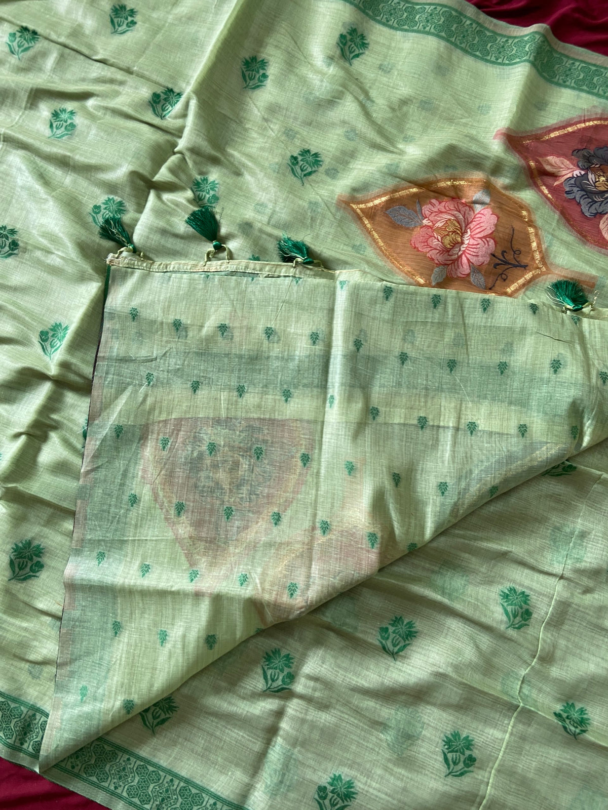 Mint Green Muga Cotton Leaf Pallu Saree, view 4