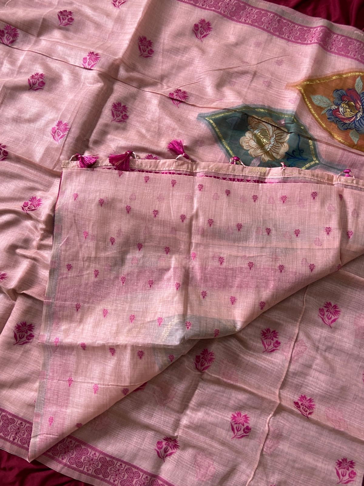 Baby Pink Muga Cotton Leaf Pallu Saree, view 4