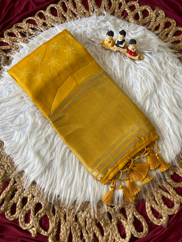 Mustard Fendy Satin Lagdi Patta Saree