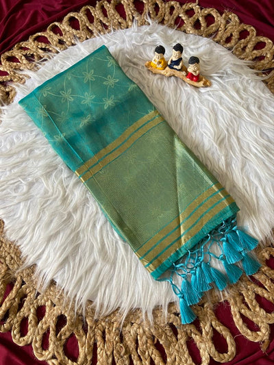Aqua Blue Fendy Satin Lagdi Patta Saree