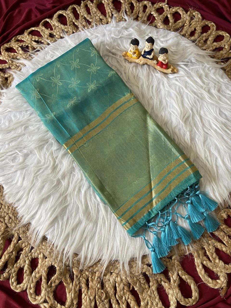 Aqua Blue Fendy Satin Lagdi Patta Saree