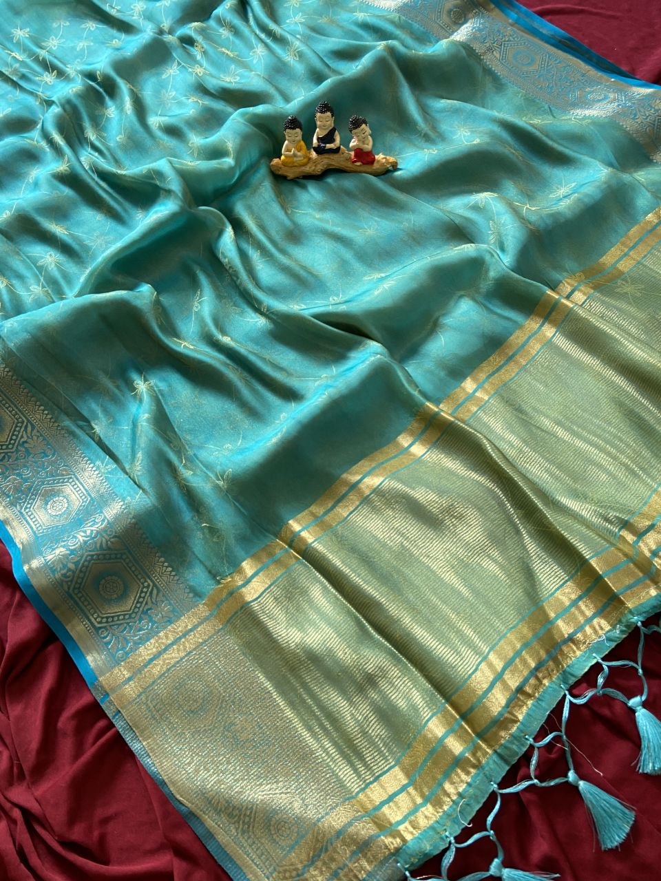 Aqua Blue Fendy Satin Lagdi Patta Saree, view 2