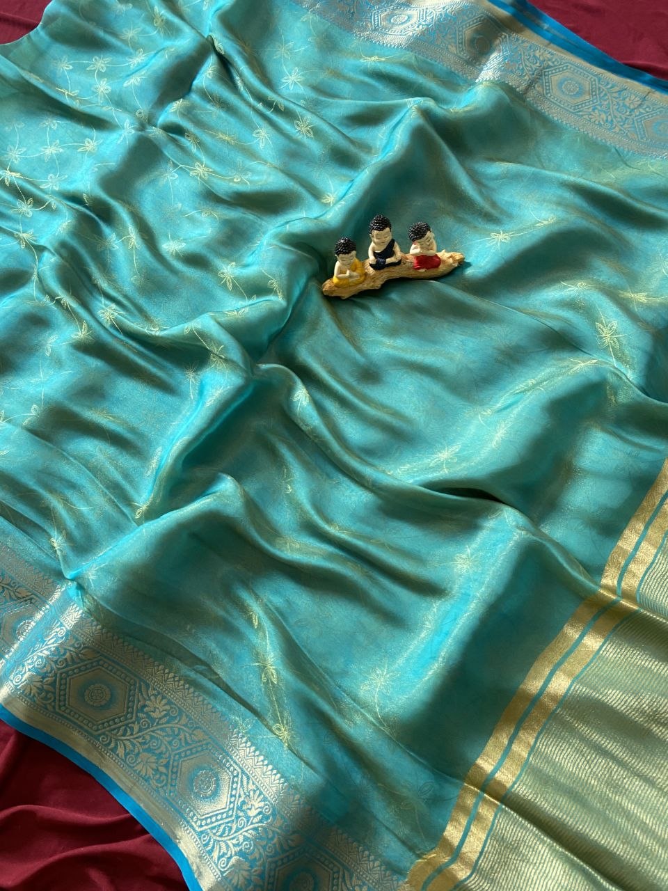 Aqua Blue Fendy Satin Lagdi Patta Saree, view 3