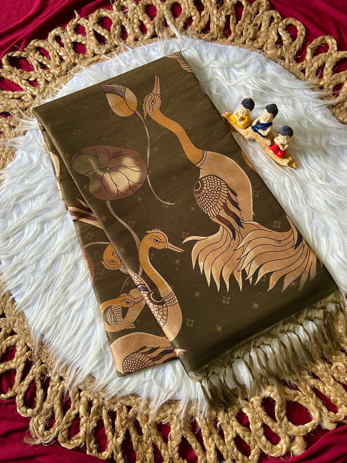 Olive Tussar Silk Golden Crane Print Saree
