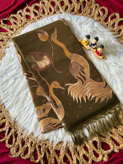 Olive Tussar Silk Golden Crane Print Saree