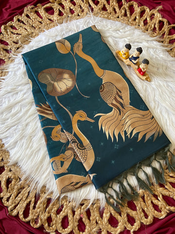 Teal Tussar Silk Golden Crane Print Saree