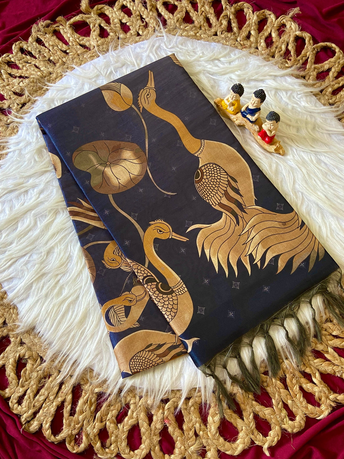 Navy Blue Tussar Silk Golden Crane Print Saree