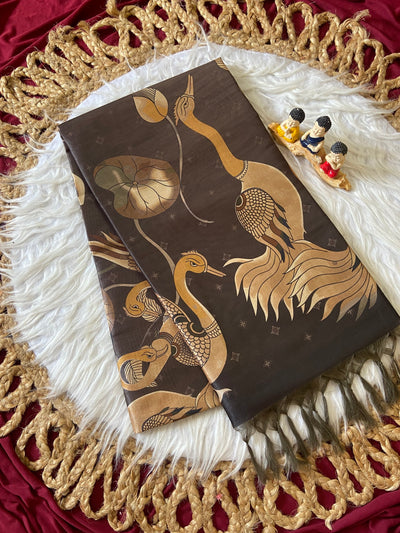 Coffee Brown Tussar Silk Golden Crane Print Saree