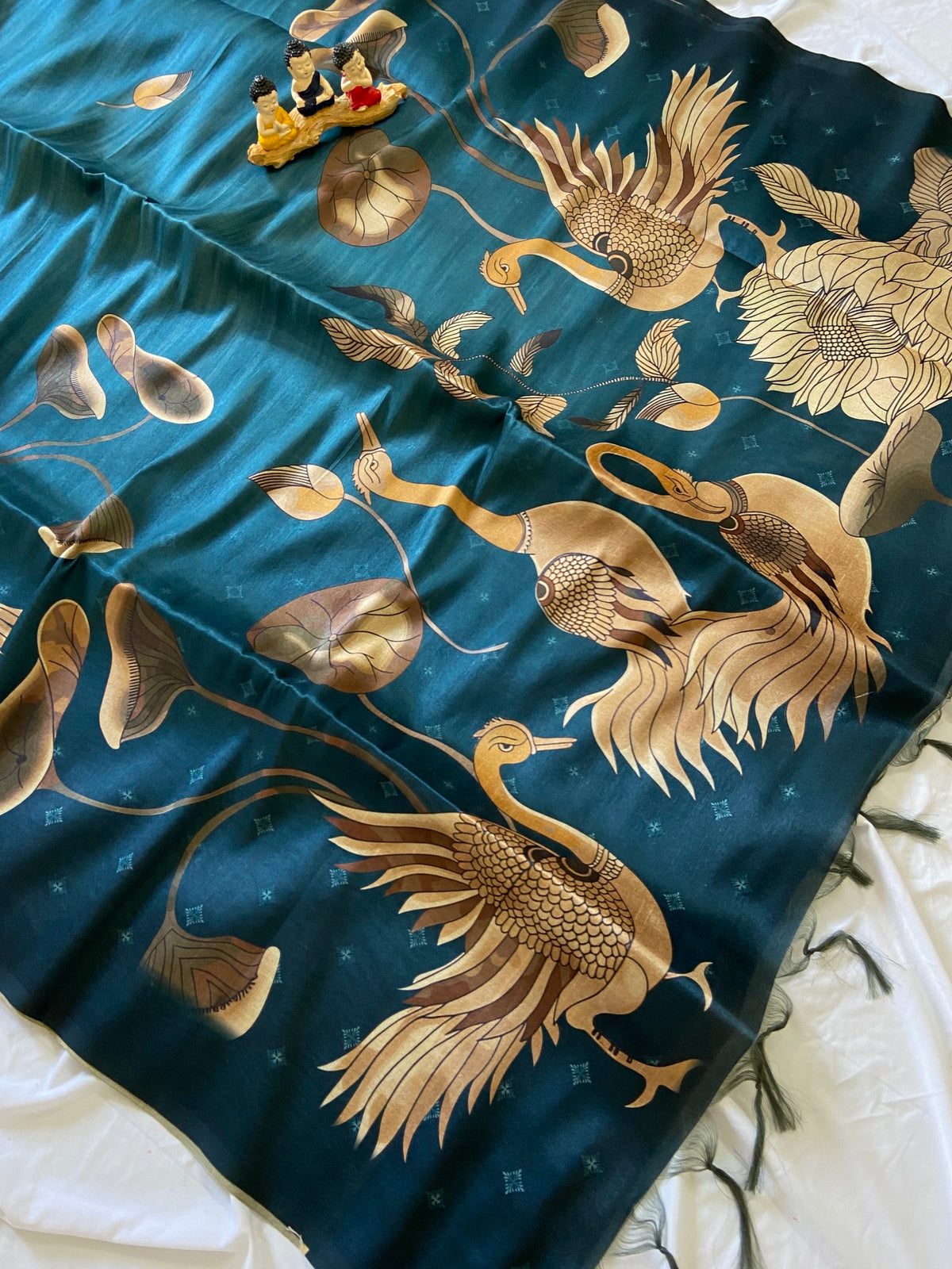 Teal Tussar Silk Golden Crane Print Saree, view 2