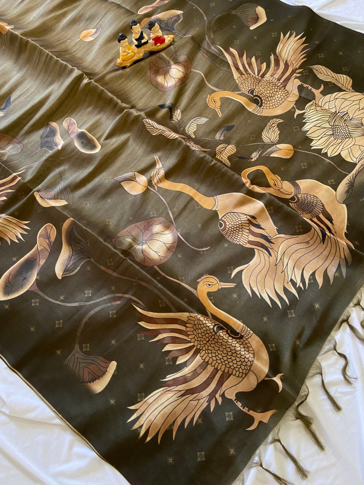 Olive Tussar Silk Golden Crane Print Saree, view 2