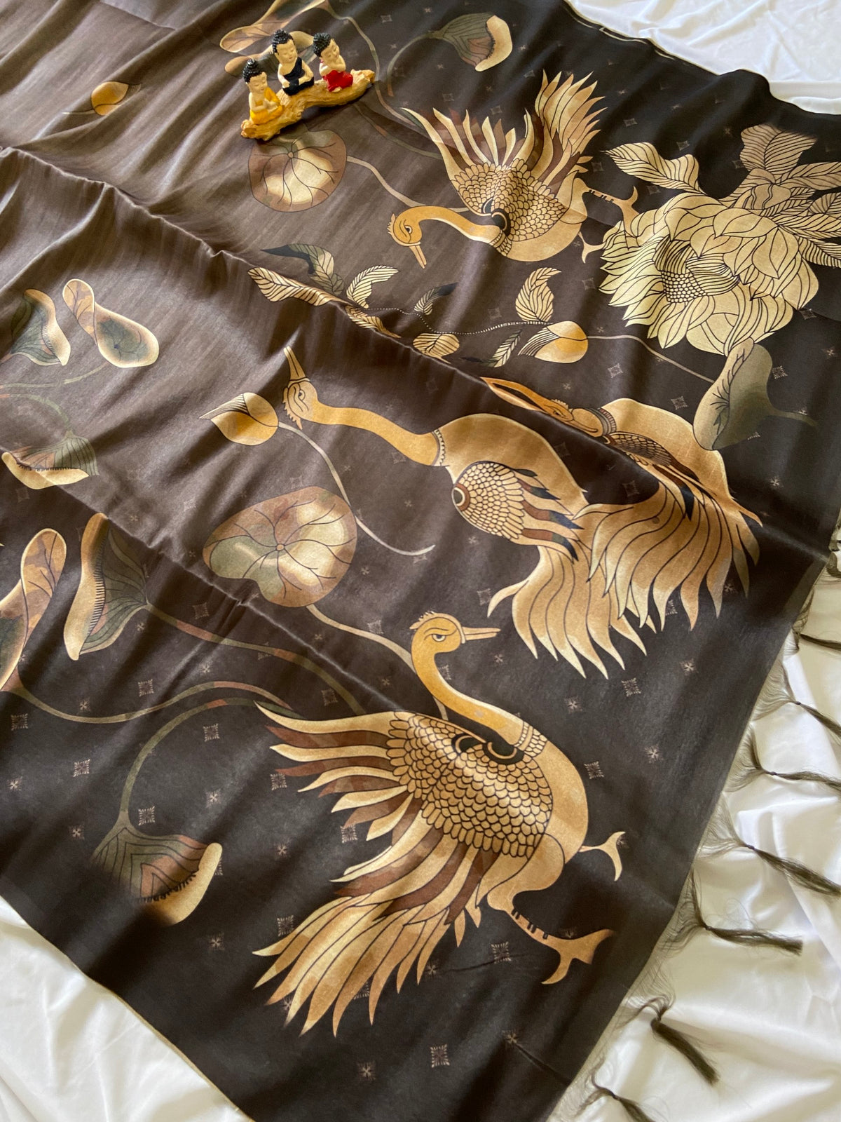 Coffee Brown Tussar Silk Golden Crane Print Saree, view 2