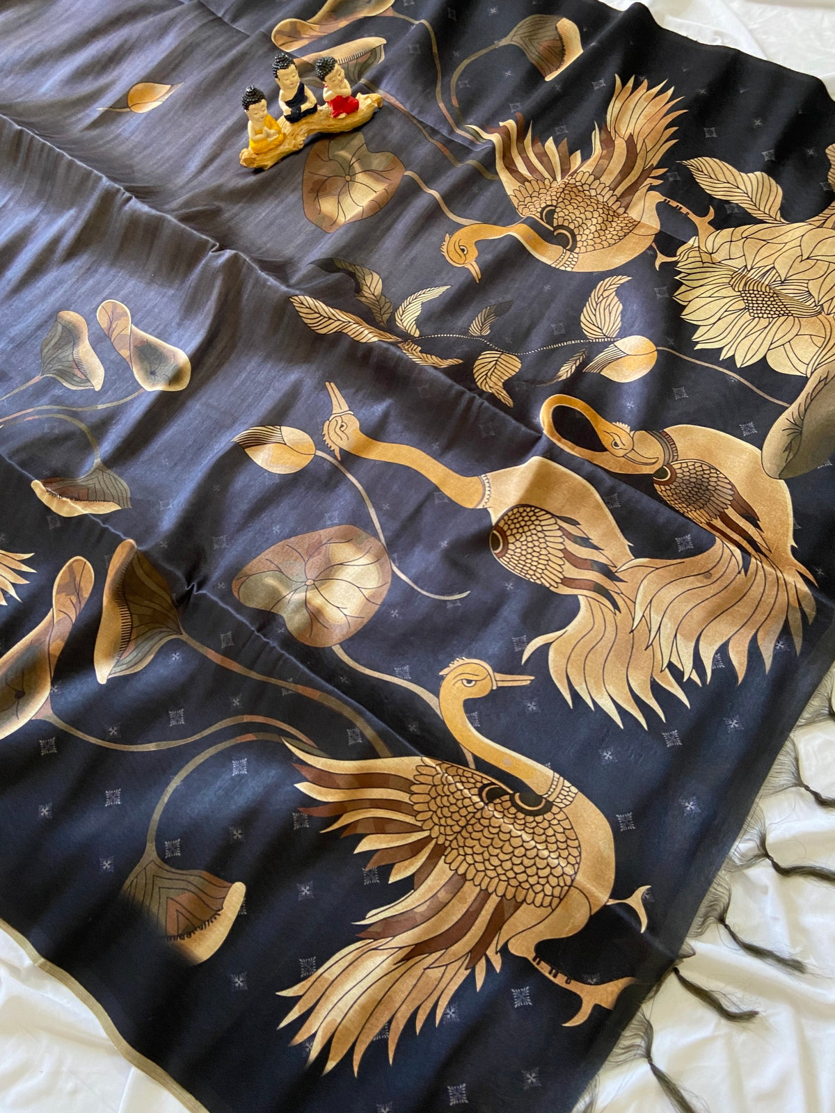 Navy Blue Tussar Silk Golden Crane Print Saree, view 2