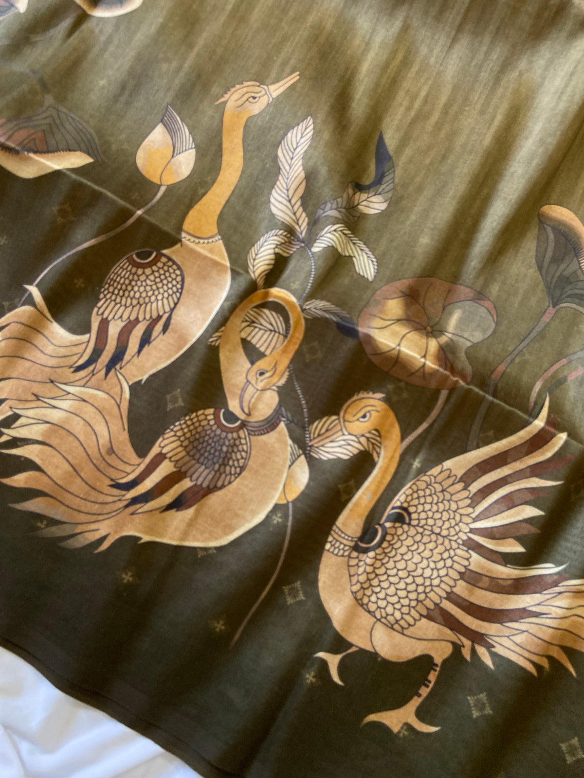 Olive Tussar Silk Golden Crane Print Saree, view 3
