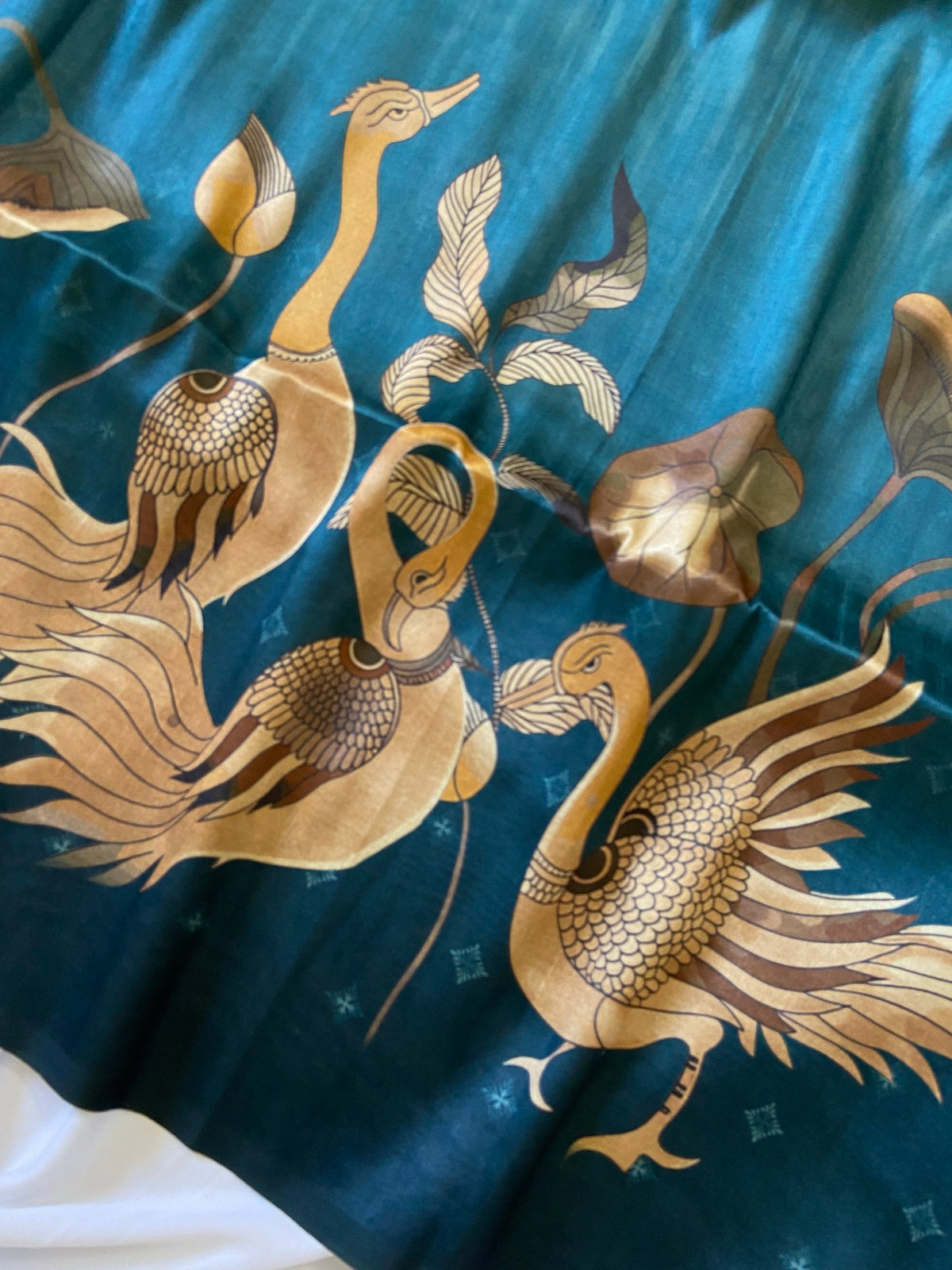 Teal Tussar Silk Golden Crane Print Saree, view 3