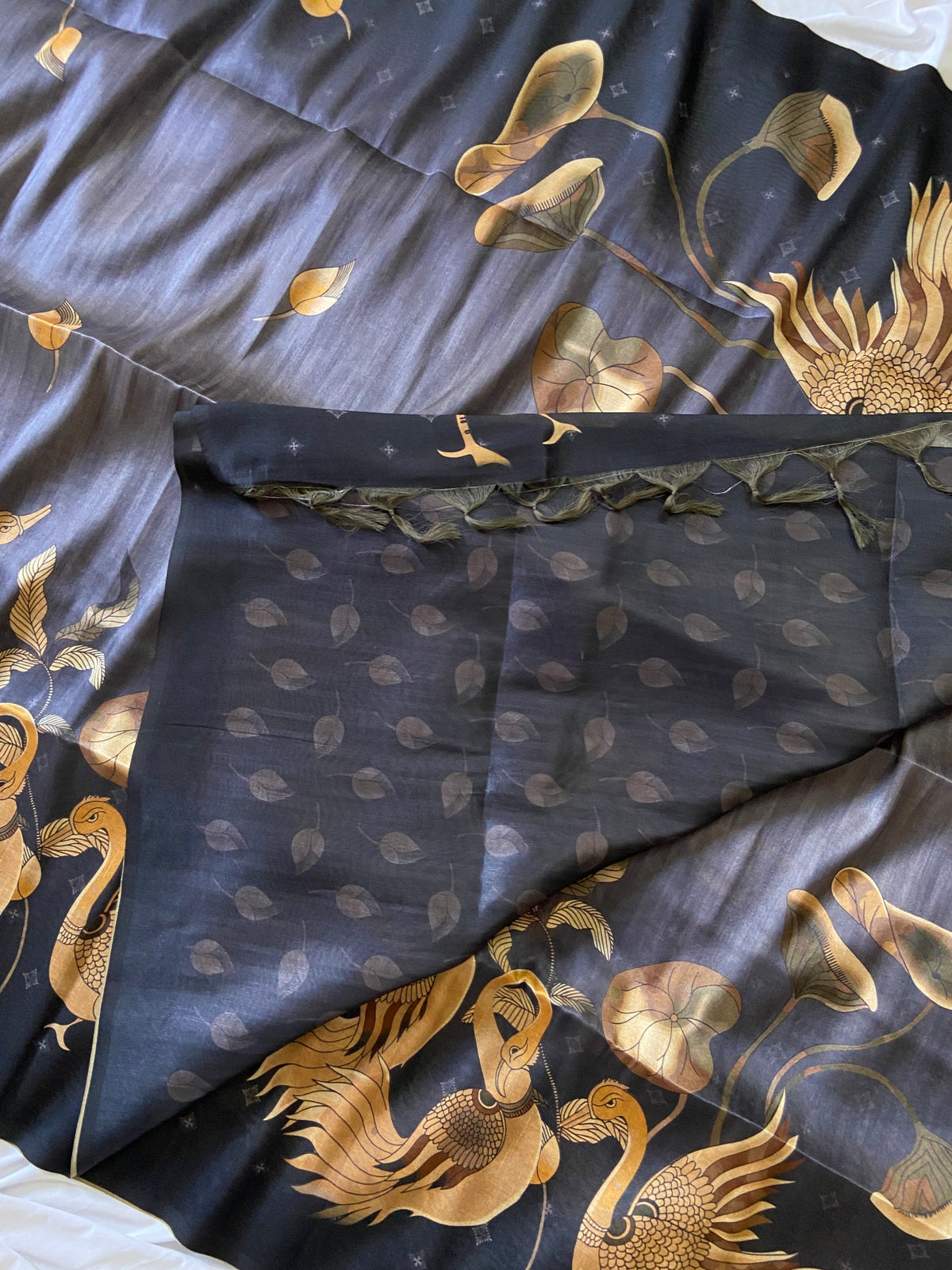 Navy Blue Tussar Silk Golden Crane Print Saree, view 3