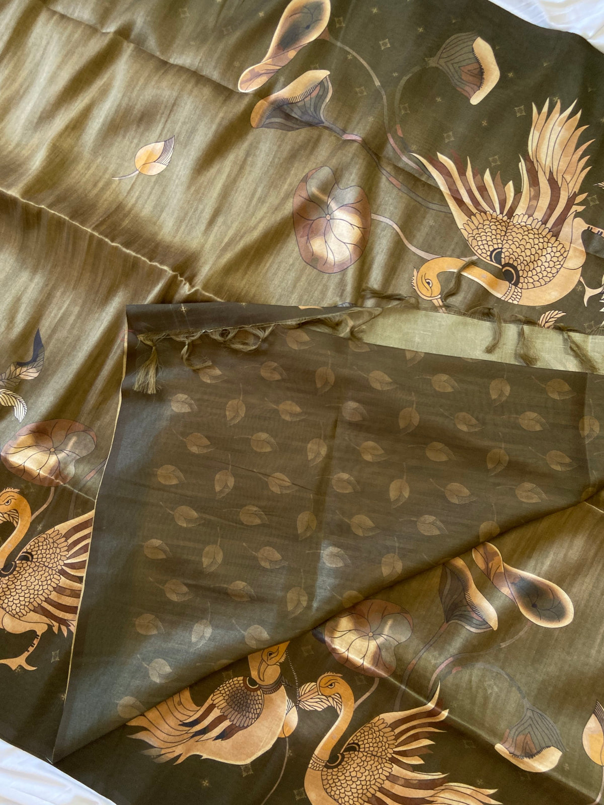 Olive Tussar Silk Golden Crane Print Saree, view 4