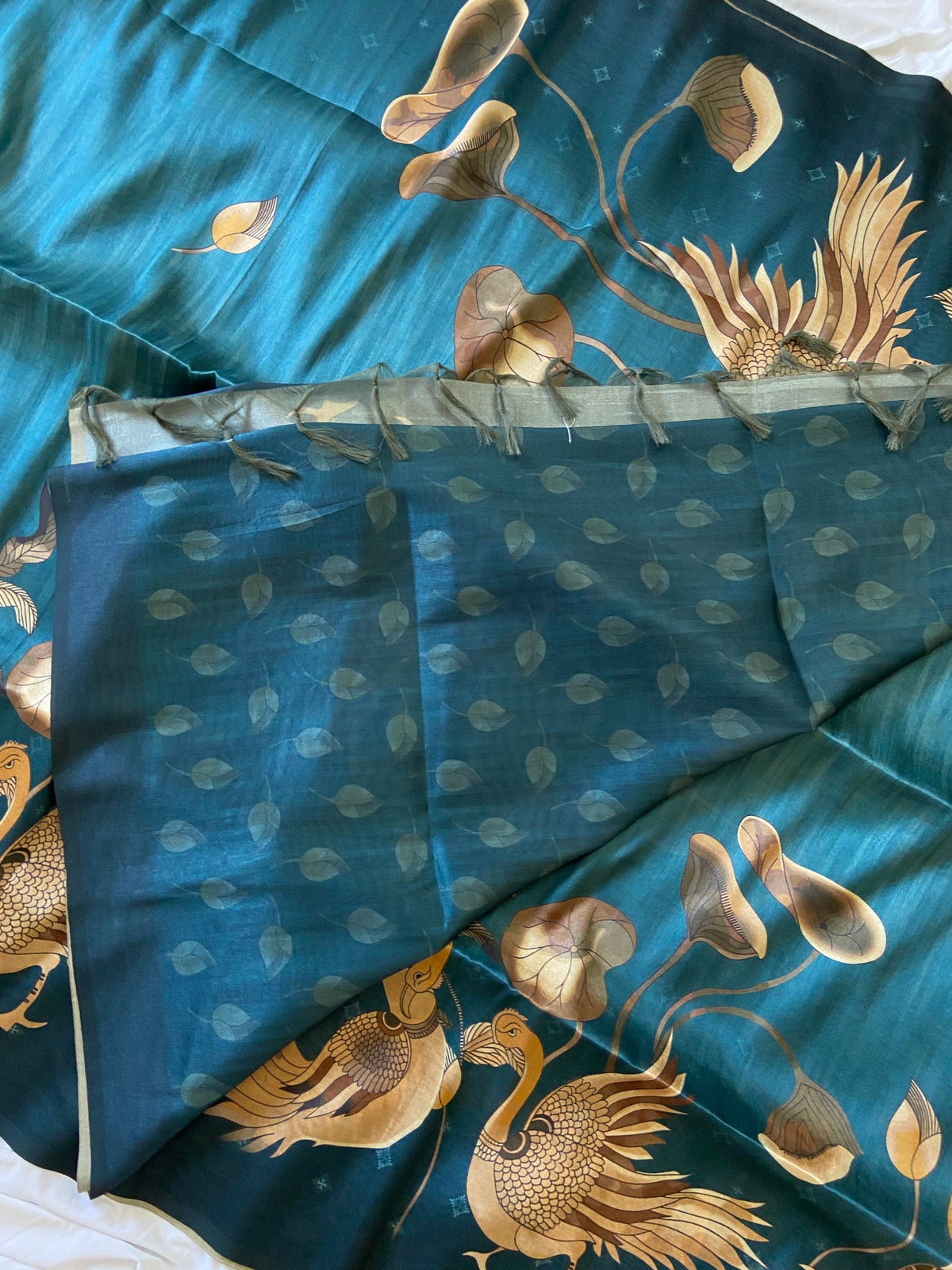 Teal Tussar Silk Golden Crane Print Saree, view 4