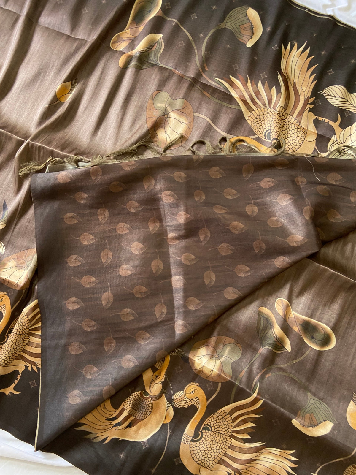 Coffee Brown Tussar Silk Golden Crane Print Saree, view 3