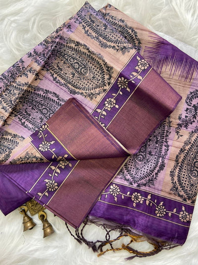 Purple Tussar Silk Paisley Print Saree