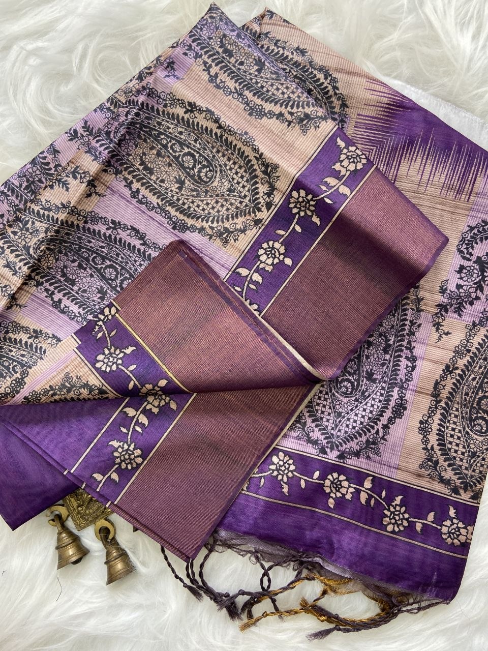 Purple Tussar Silk Paisley Print Saree