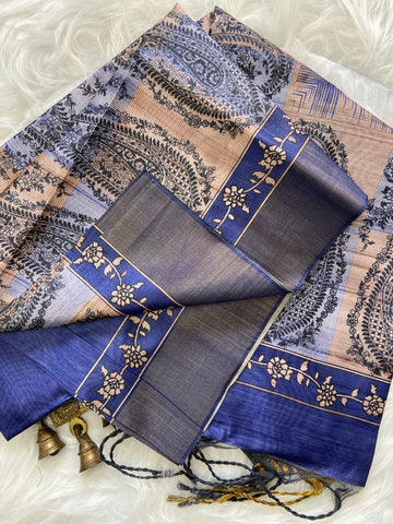 Royal Blue Tussar Silk Paisley Print Saree