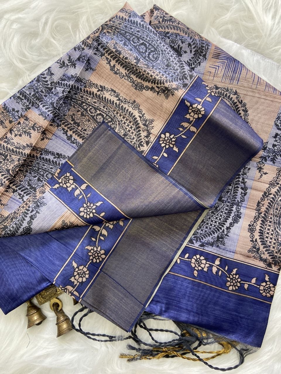 Royal Blue Tussar Silk Paisley Print Saree
