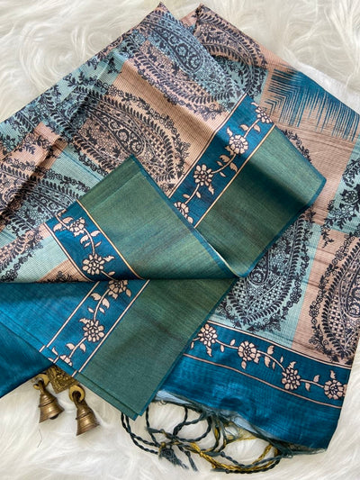 Teal Tussar Silk Paisley Print Saree