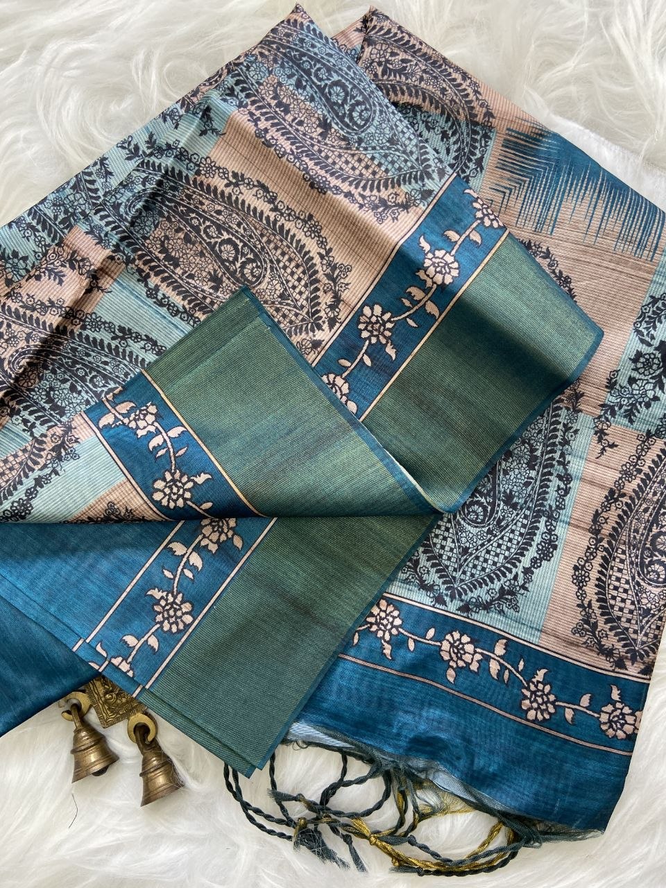 Teal Tussar Silk Paisley Print Saree