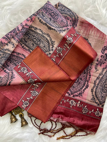 Red Tussar Silk Paisley Print Saree