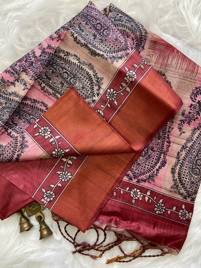 Red Tussar Silk Paisley Print Saree