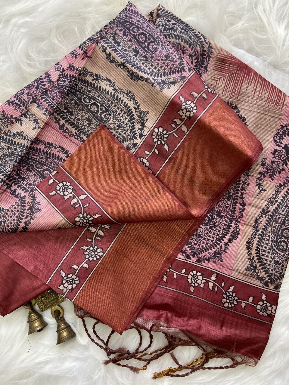 Red Tussar Silk Paisley Print Saree
