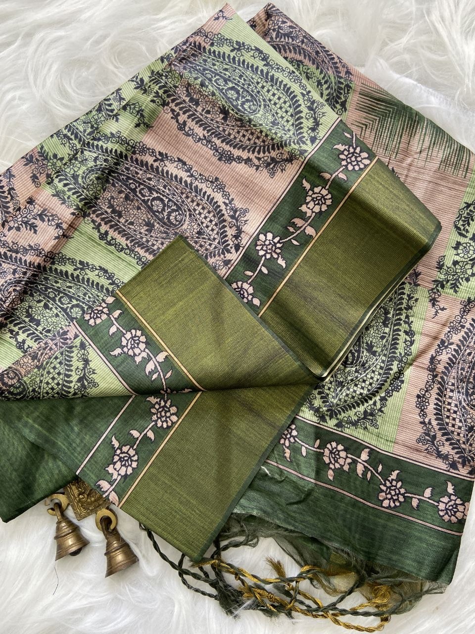 Olive Green Tussar Silk Paisley Print Saree