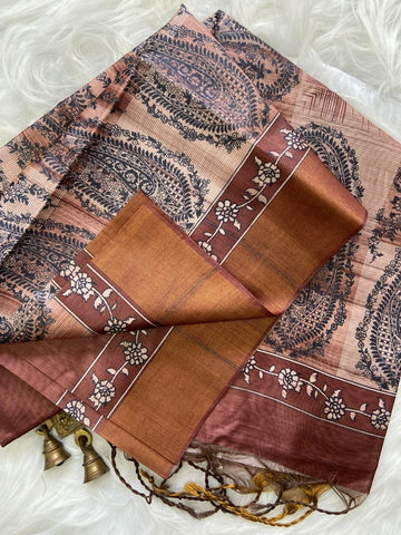 Copper Brown Tussar Silk Paisley Print Saree
