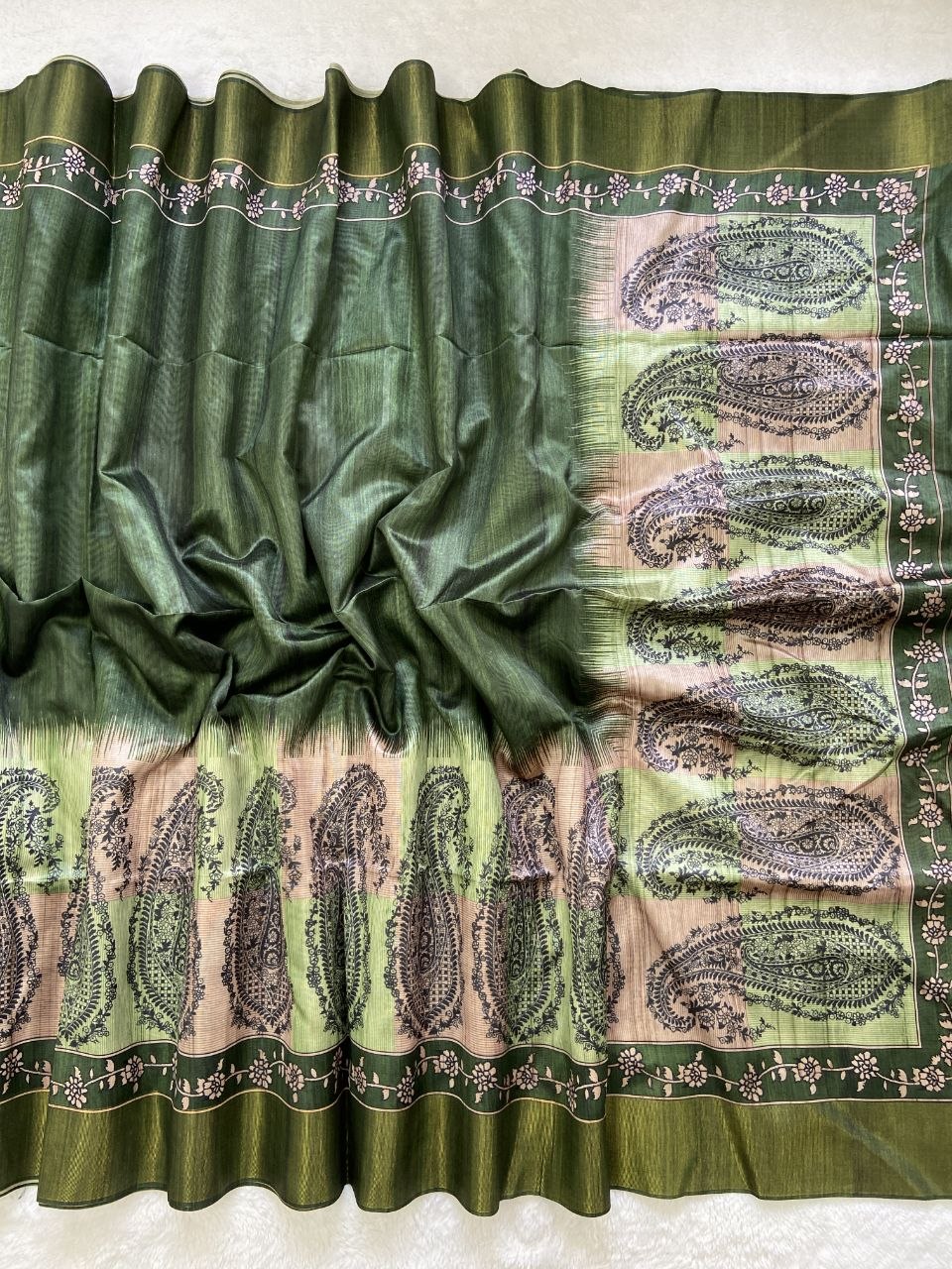 Olive Green Tussar Silk Paisley Print Saree