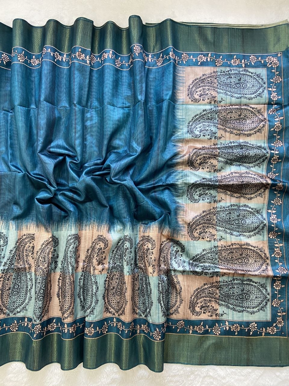 Teal Tussar Silk Paisley Print Saree