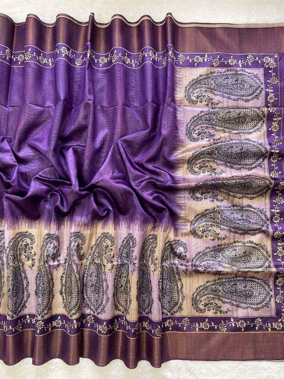 Purple Tussar Silk Paisley Print Saree, view 2