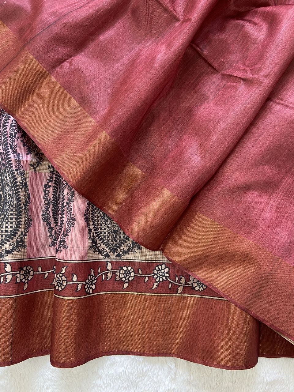 Red Tussar Silk Paisley Print Saree, view 3