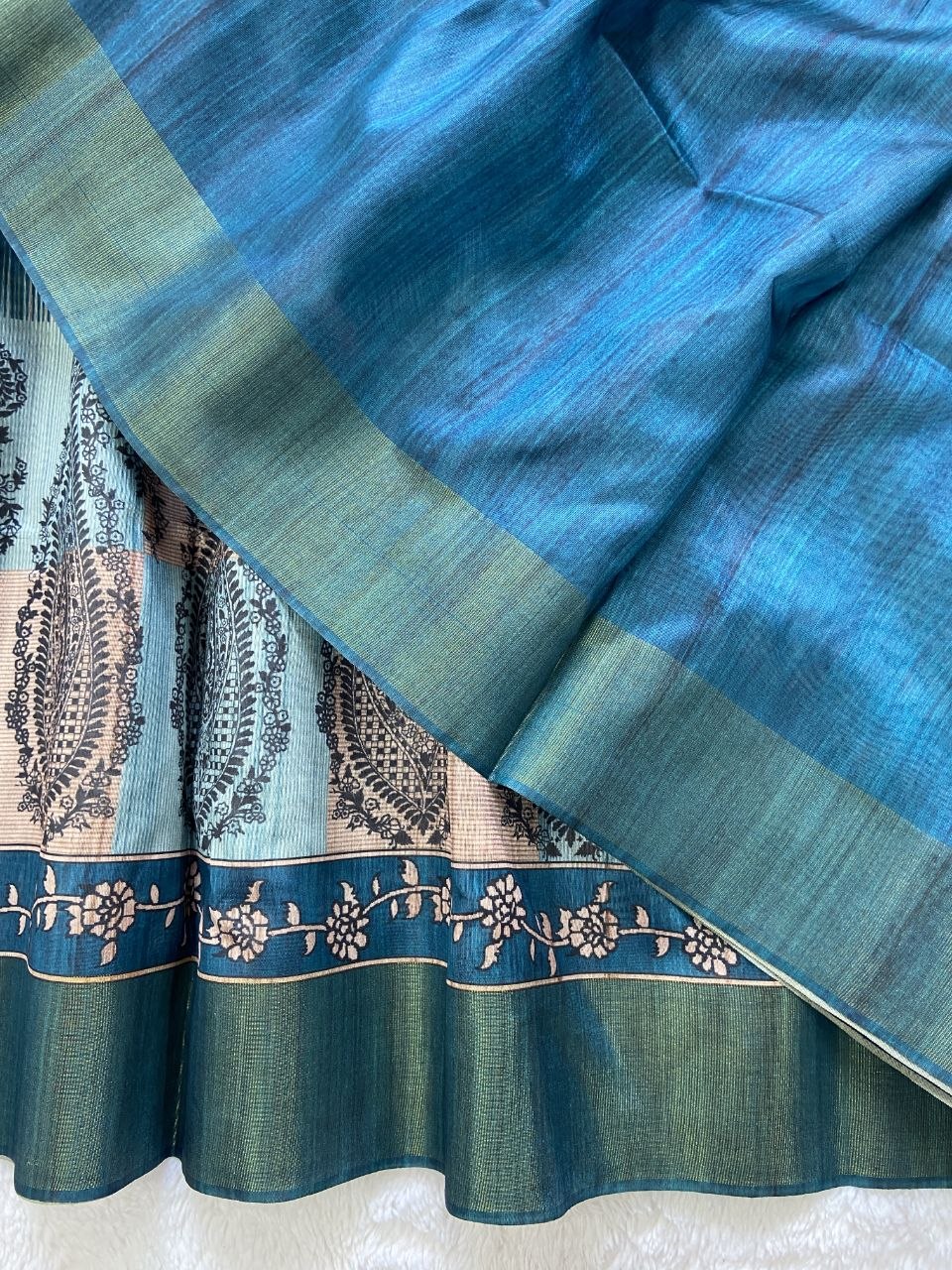 Teal Tussar Silk Paisley Print Saree, view 3