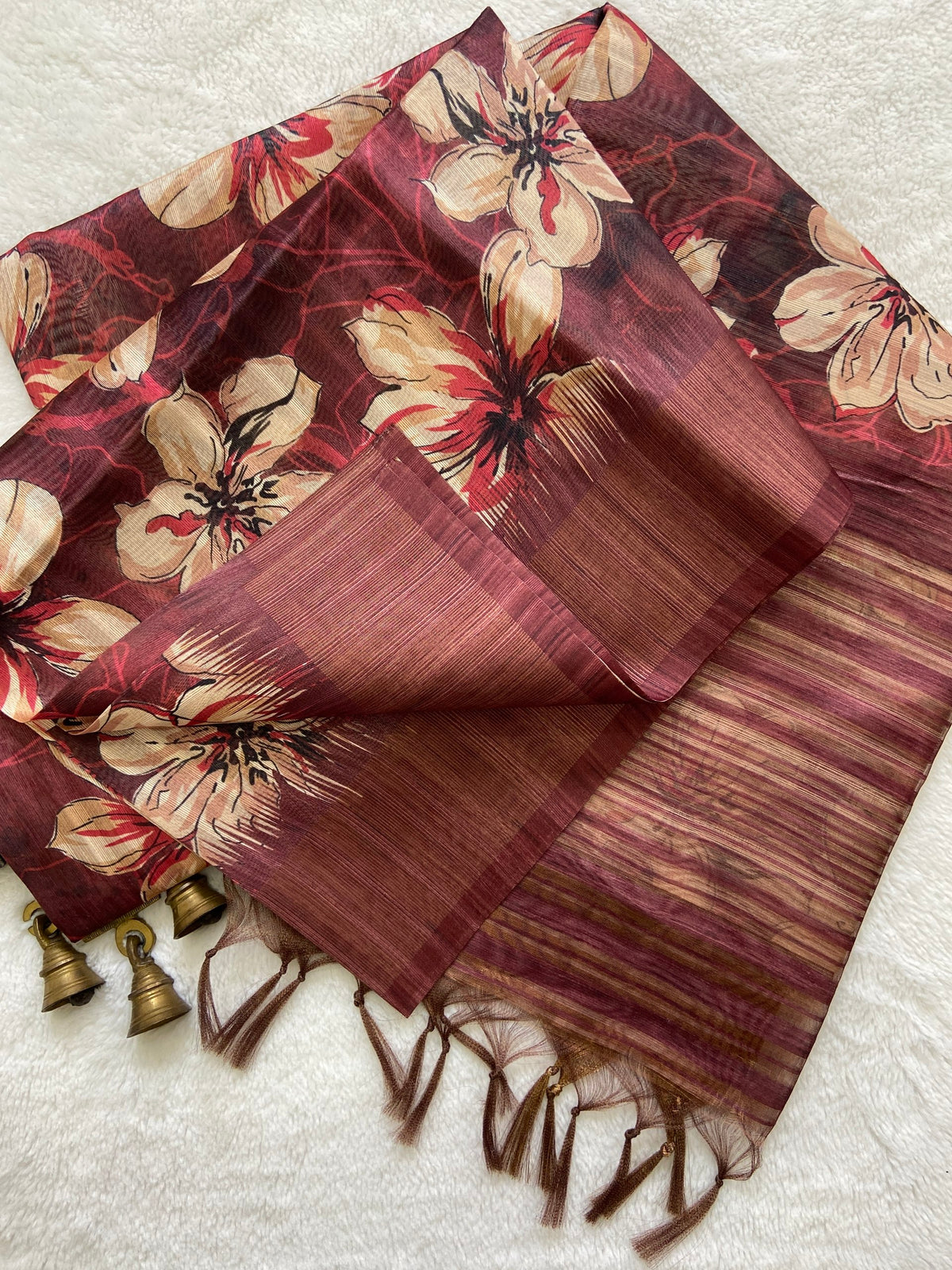 Maroon Tussar Silk Blossom Print Saree