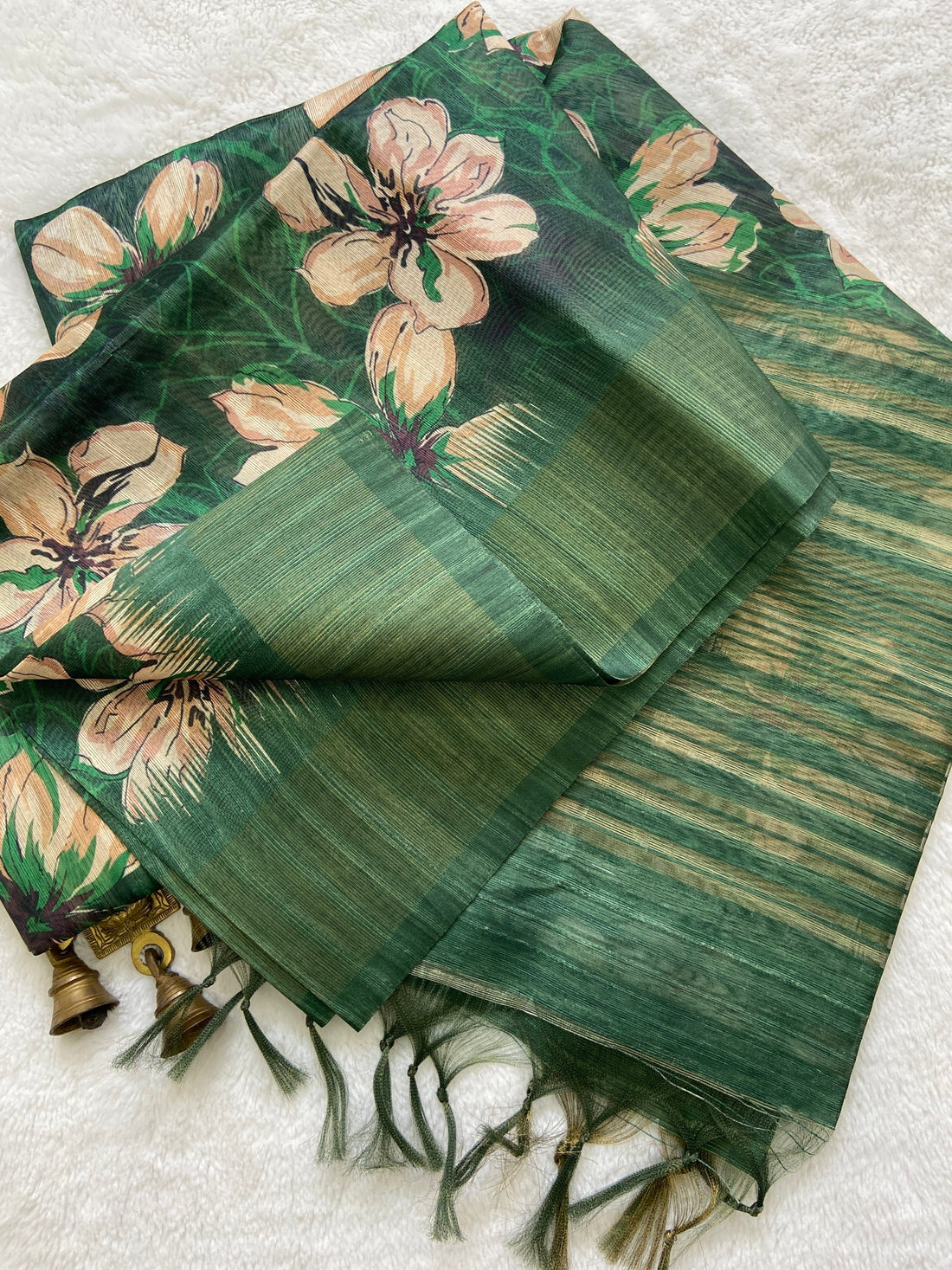 Bottle Green Tussar Silk Blossom Print Saree