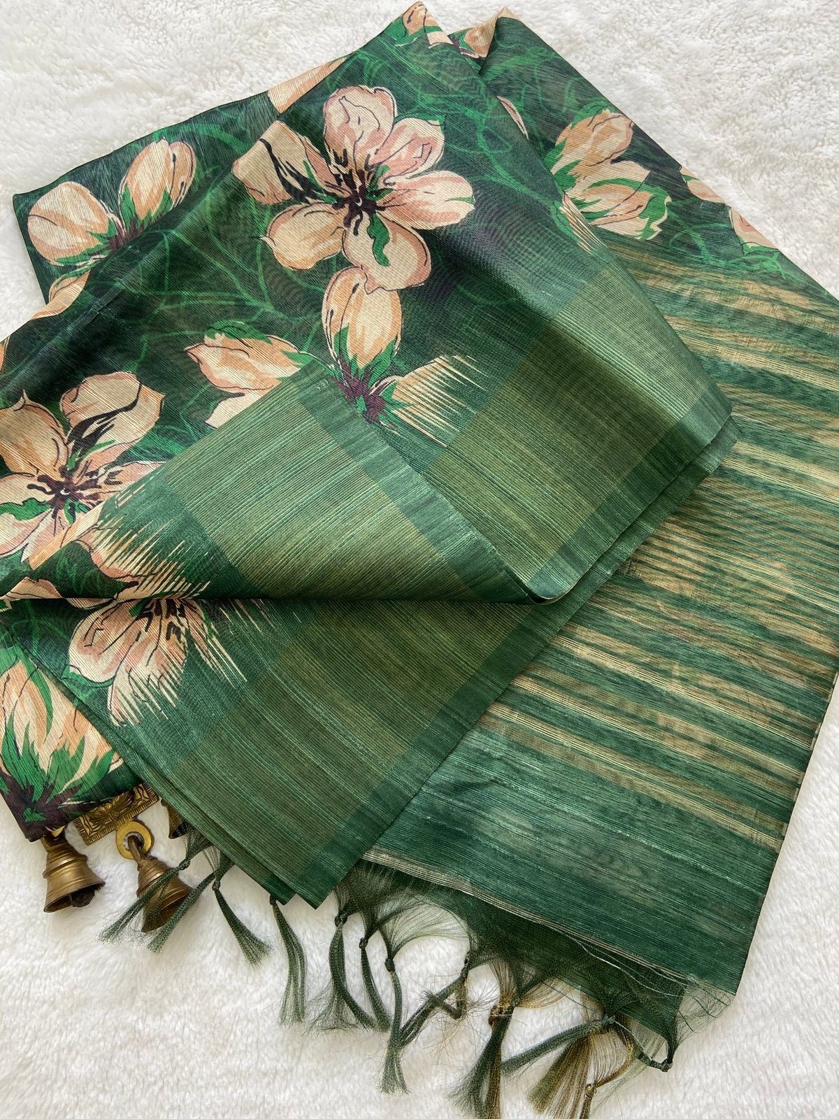 Bottle Green Tussar Silk Blossom Print Saree