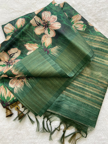 Bottle Green Tussar Silk Blossom Print Saree