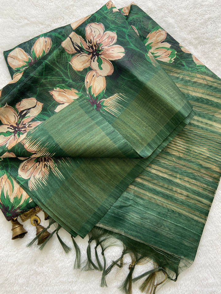 Bottle Green Tussar Silk Blossom Print Saree